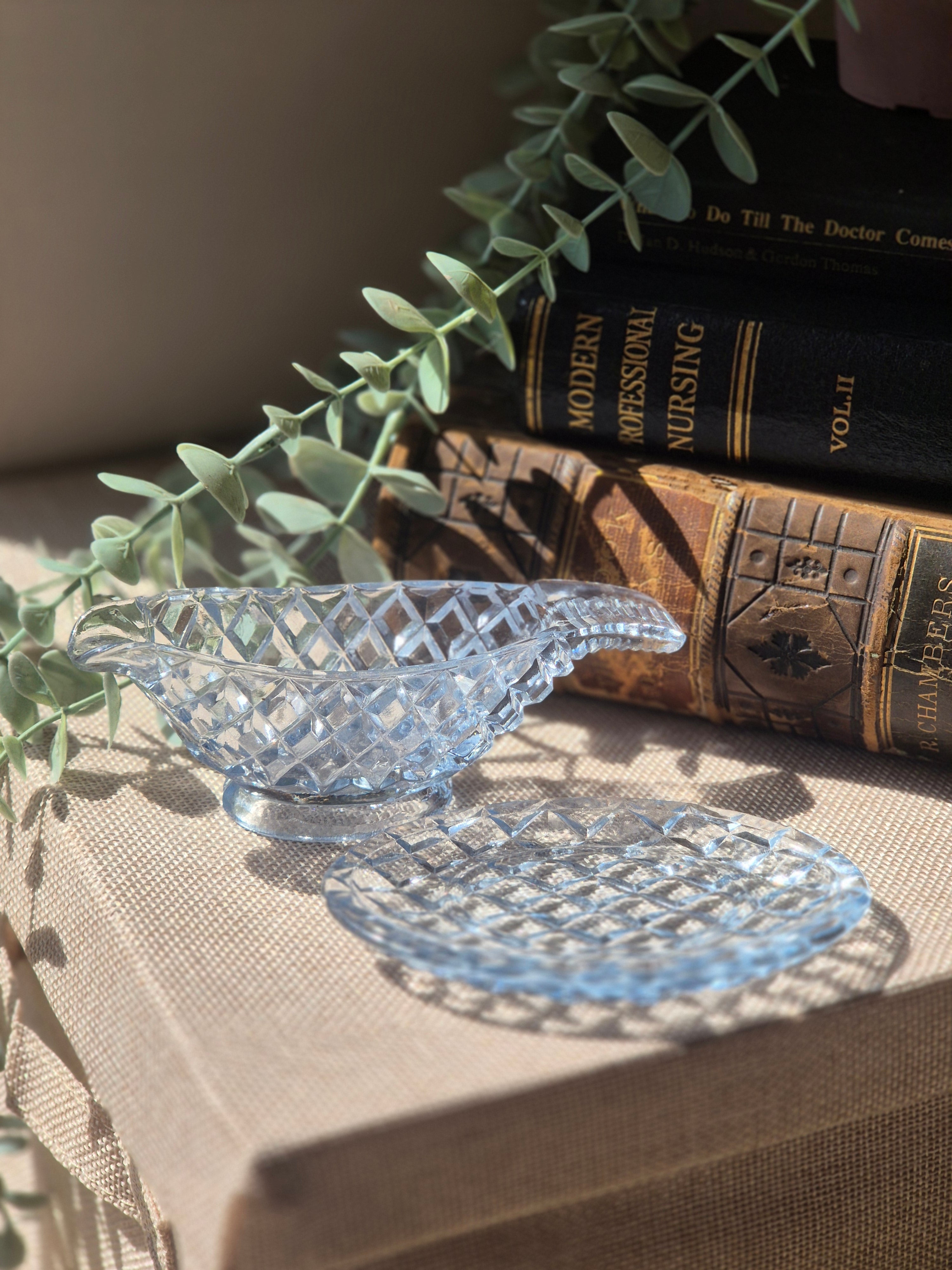 Vintage Blue Glass Trinket Dish Set | Retro Pressed Glass Décor