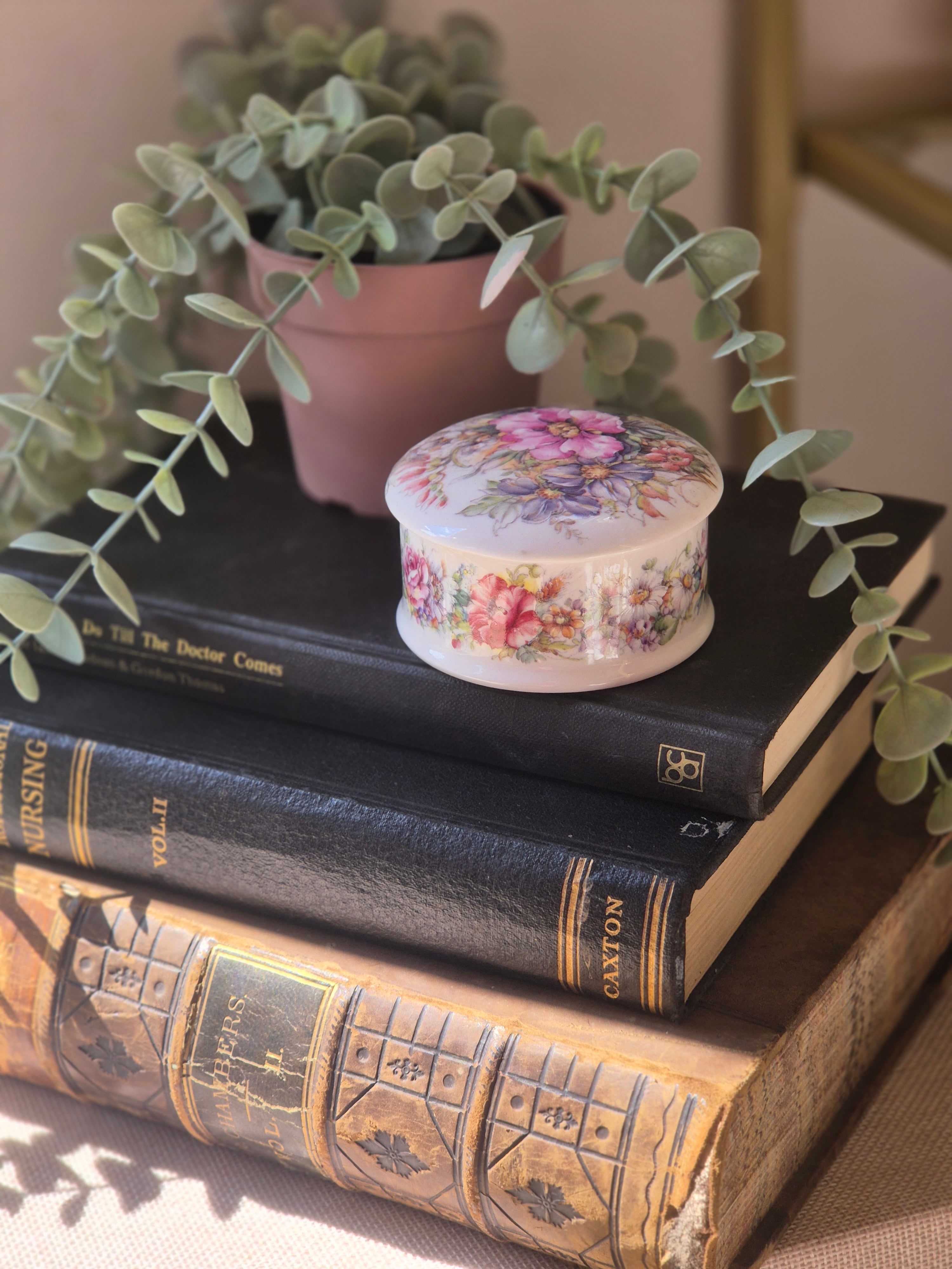 Vintage Floral Porcelain Trinket Box | Cottagecore Jewellery Pot