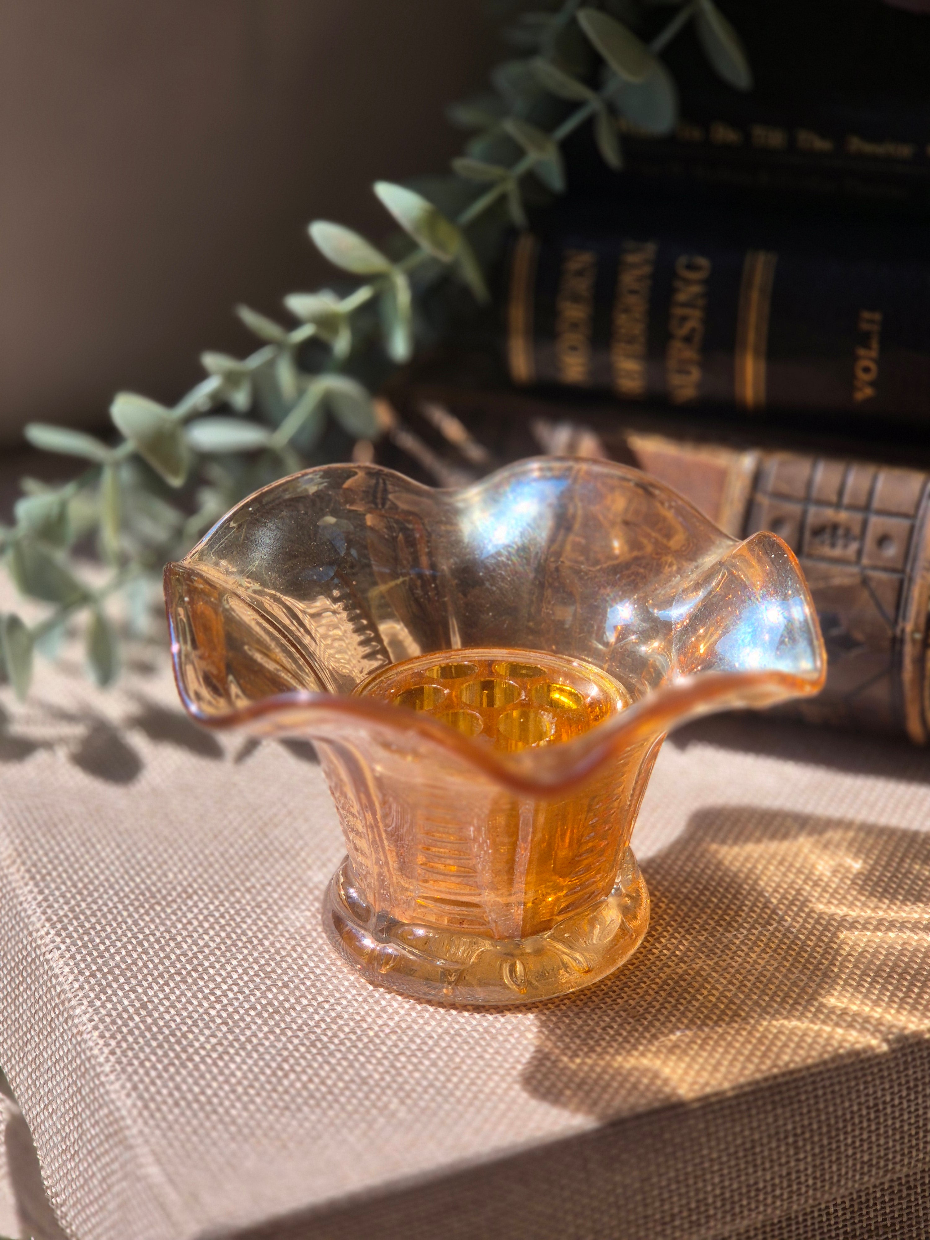 Vintage Iridescent Amber Glass Flower Frog Vase | Retro Floral Display Dish