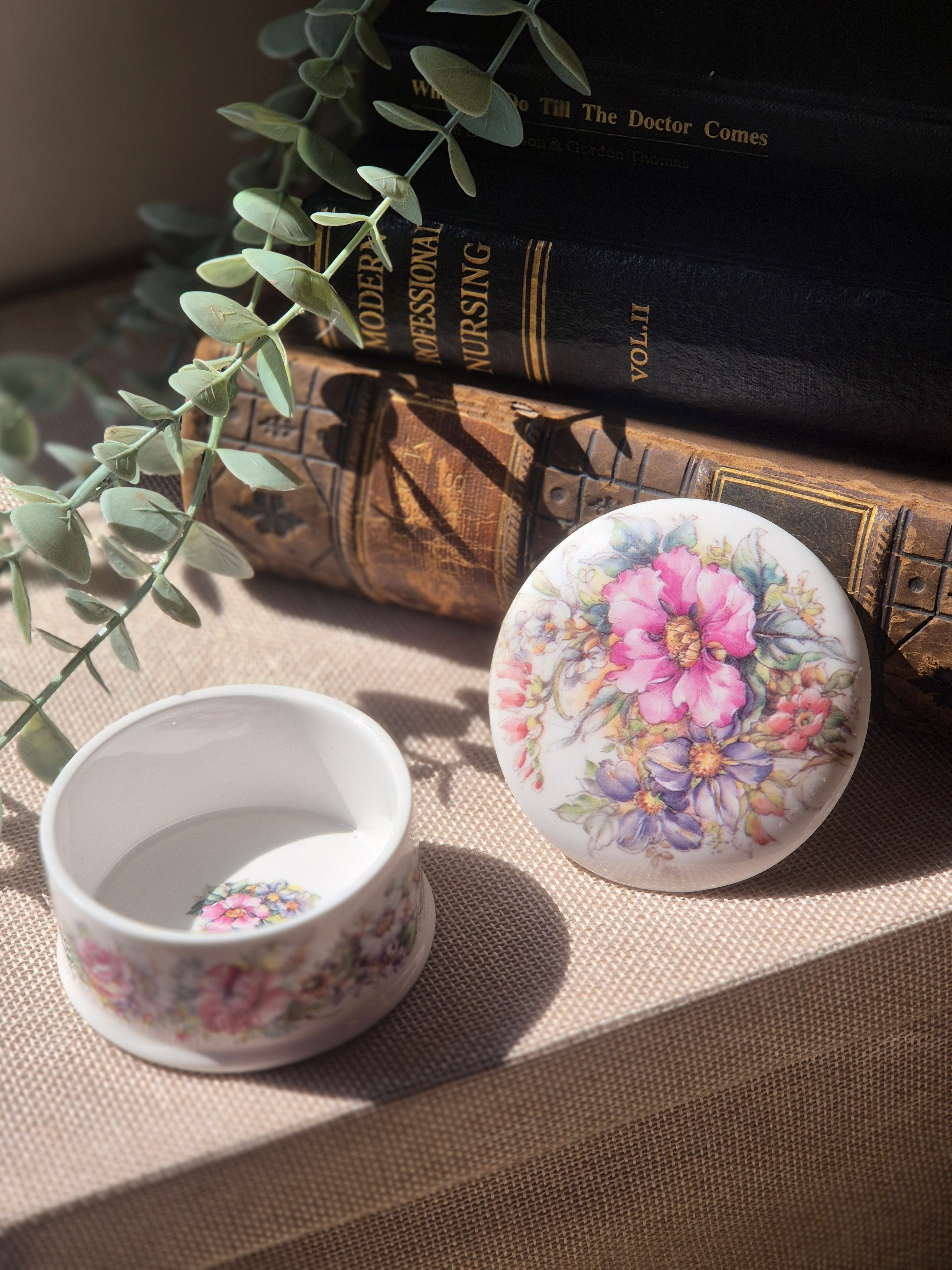 Vintage Floral Porcelain Trinket Box | Cottagecore Jewellery Pot