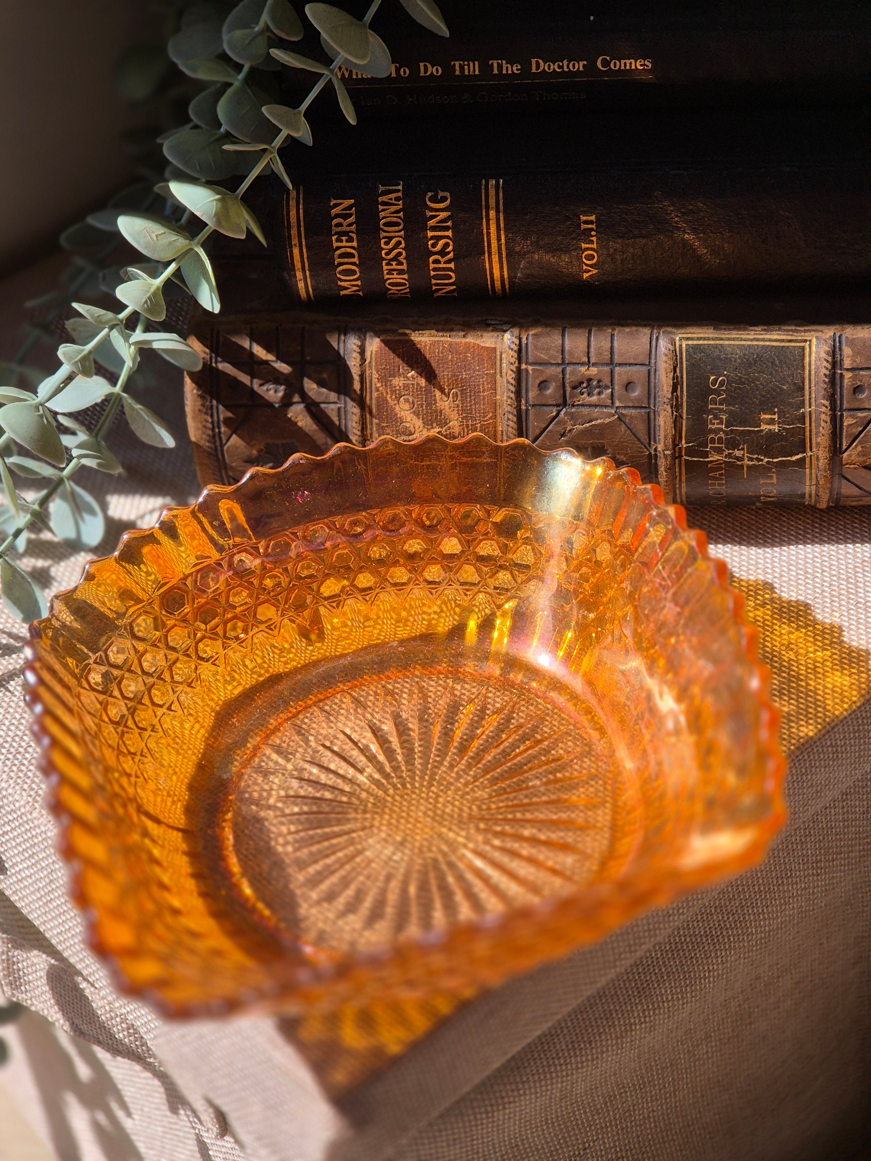 Vintage Irridescent Amber Glass Trinket Bowl | Retro Cottagecore Décor