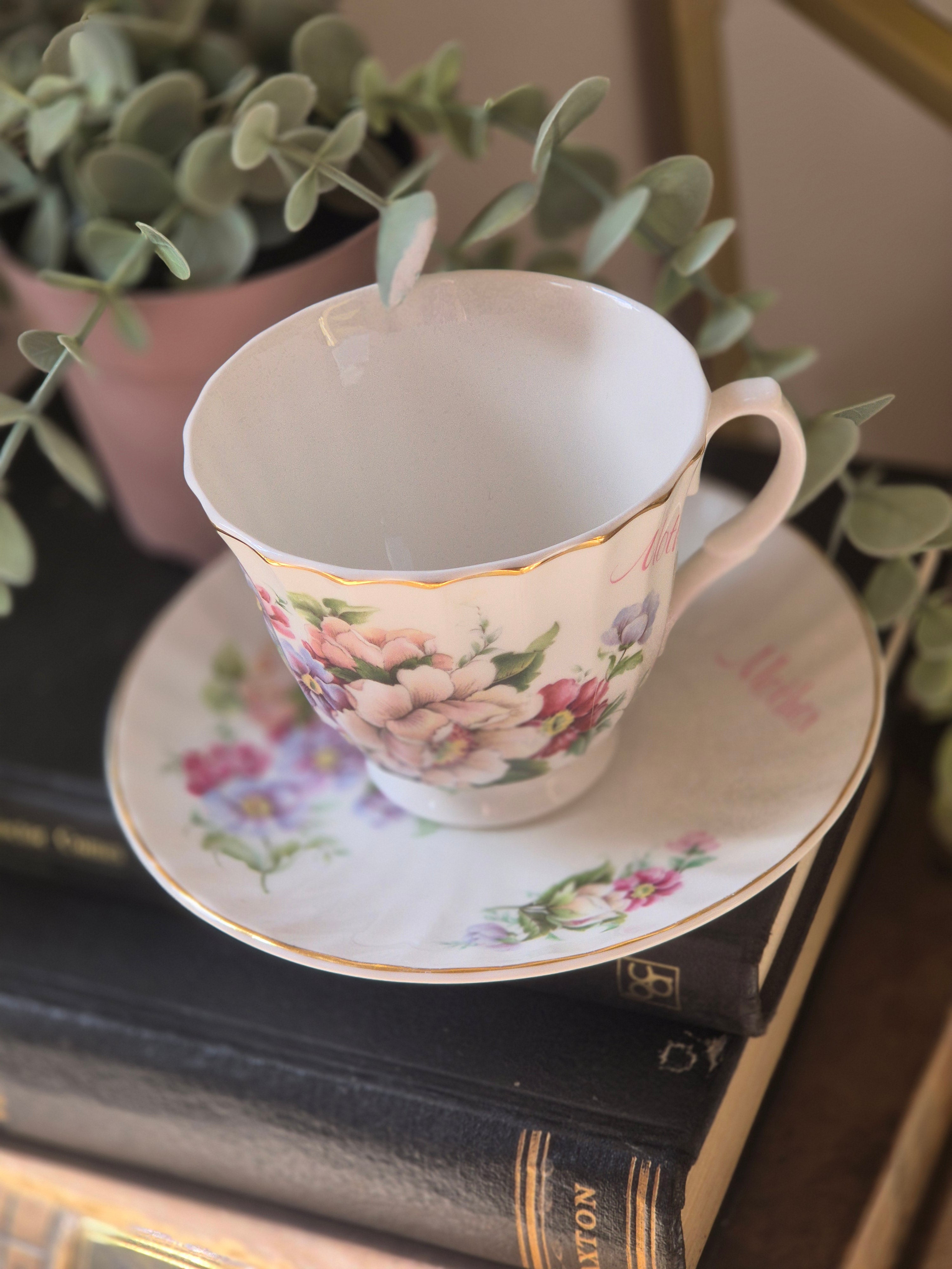 Vintage Floral MOTHER Teacup & Saucer Set | Cottagecore Tea   Set