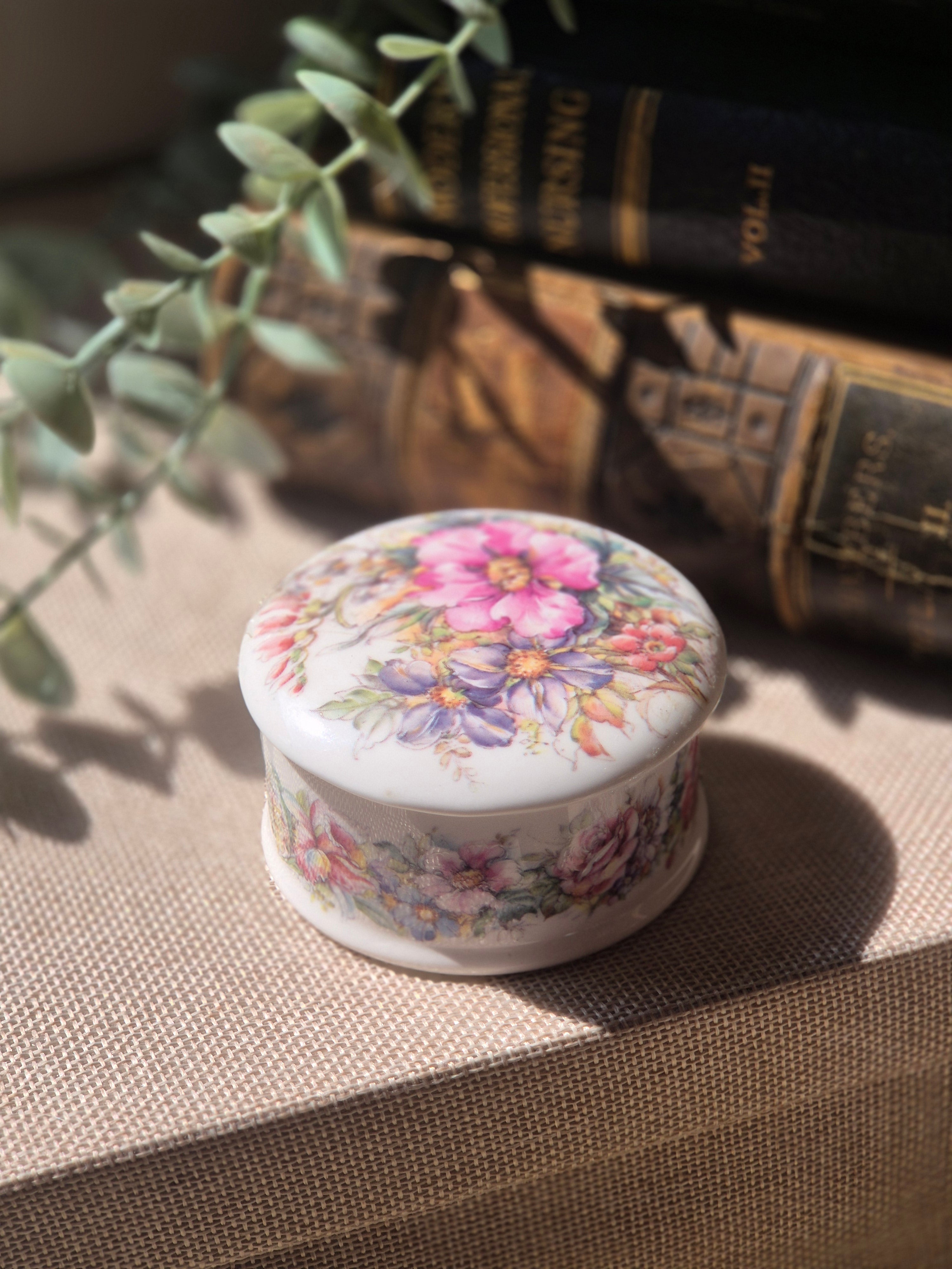 Vintage Floral Porcelain Trinket Box | Cottagecore Jewellery Pot