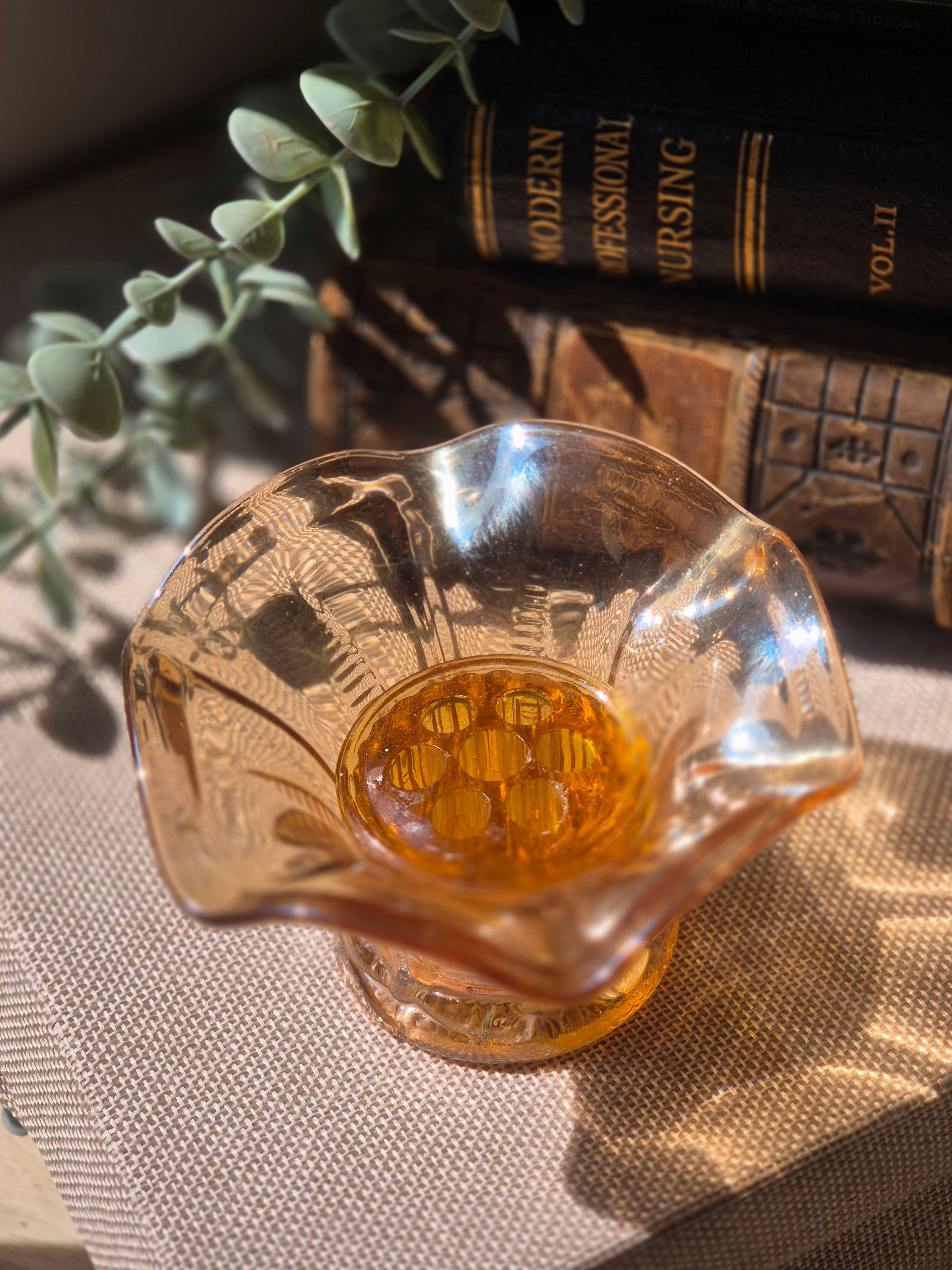 Vintage Iridescent Amber Glass Flower Frog Vase | Retro Floral Display Dish