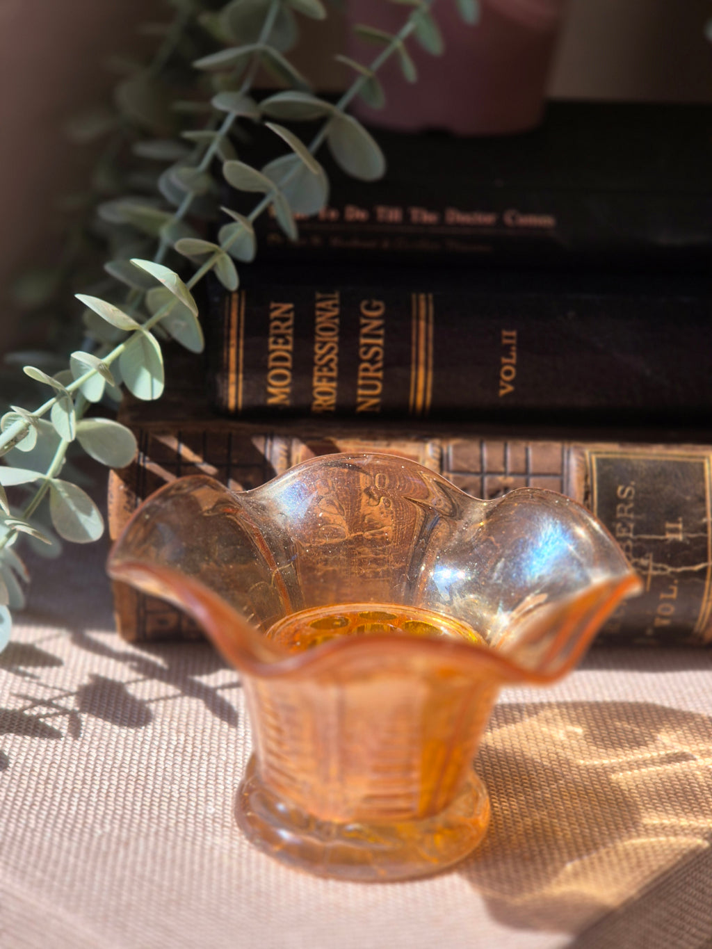 Vintage Iridescent Amber Glass Flower Frog Vase | Retro Floral Display Dish
