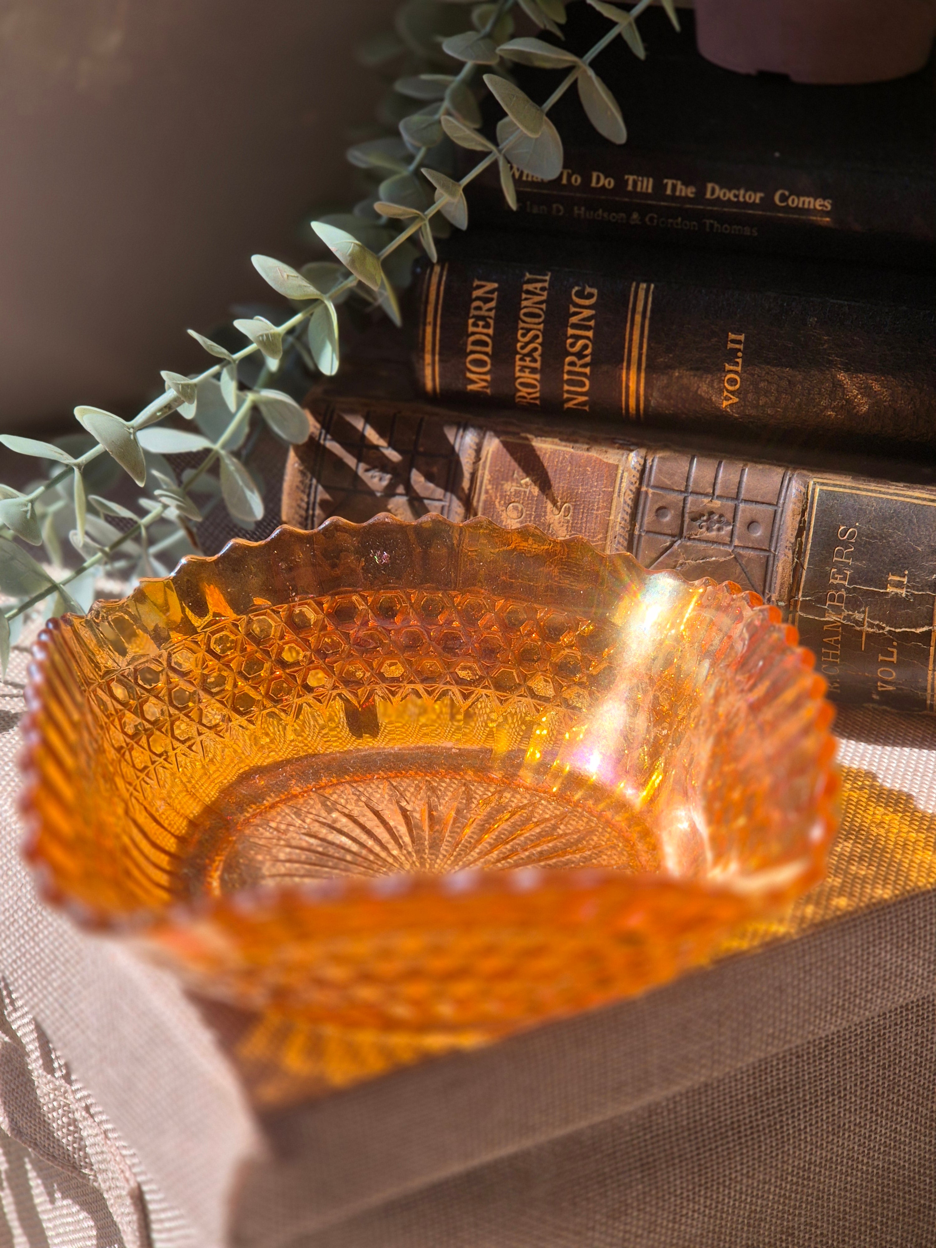 Vintage Irridescent Amber Glass Trinket Bowl | Retro Cottagecore Décor