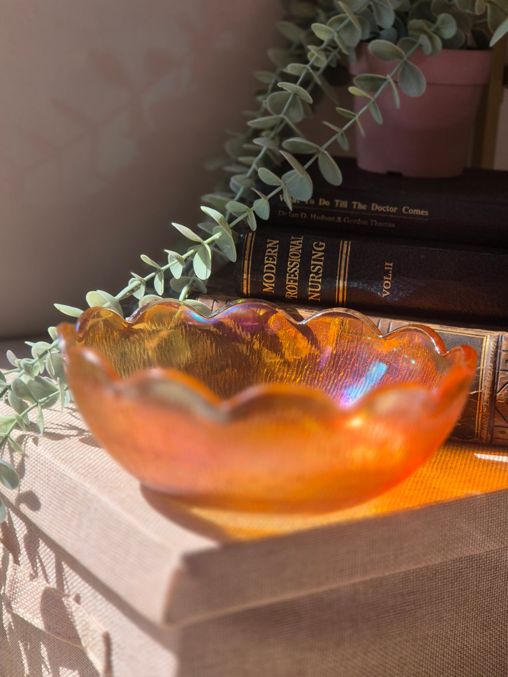 Vintage Iridescent Amber Glass Bowl | Carnival Glass Trinket Dish