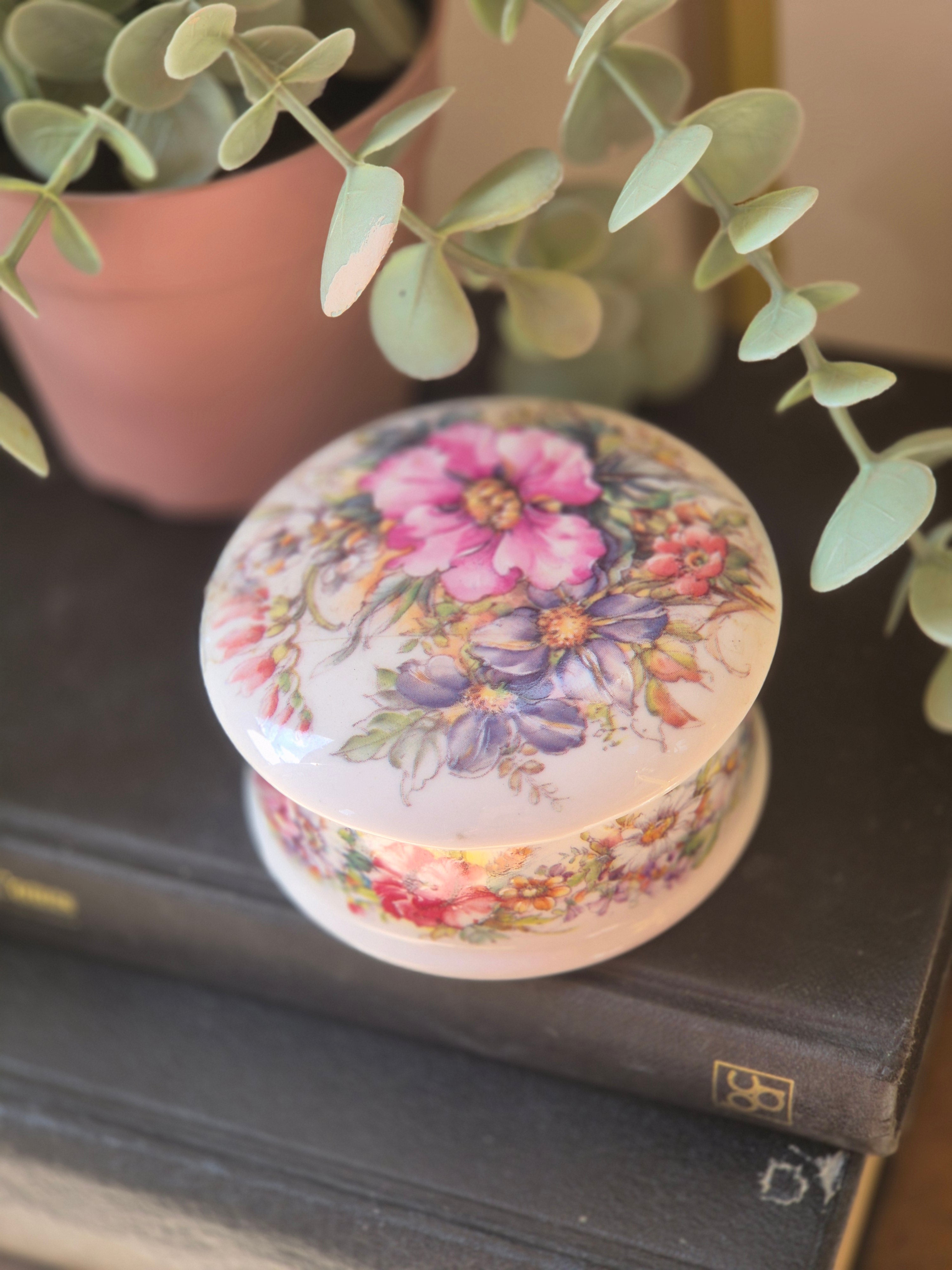 Vintage Floral Porcelain Trinket Box | Cottagecore Jewellery Pot