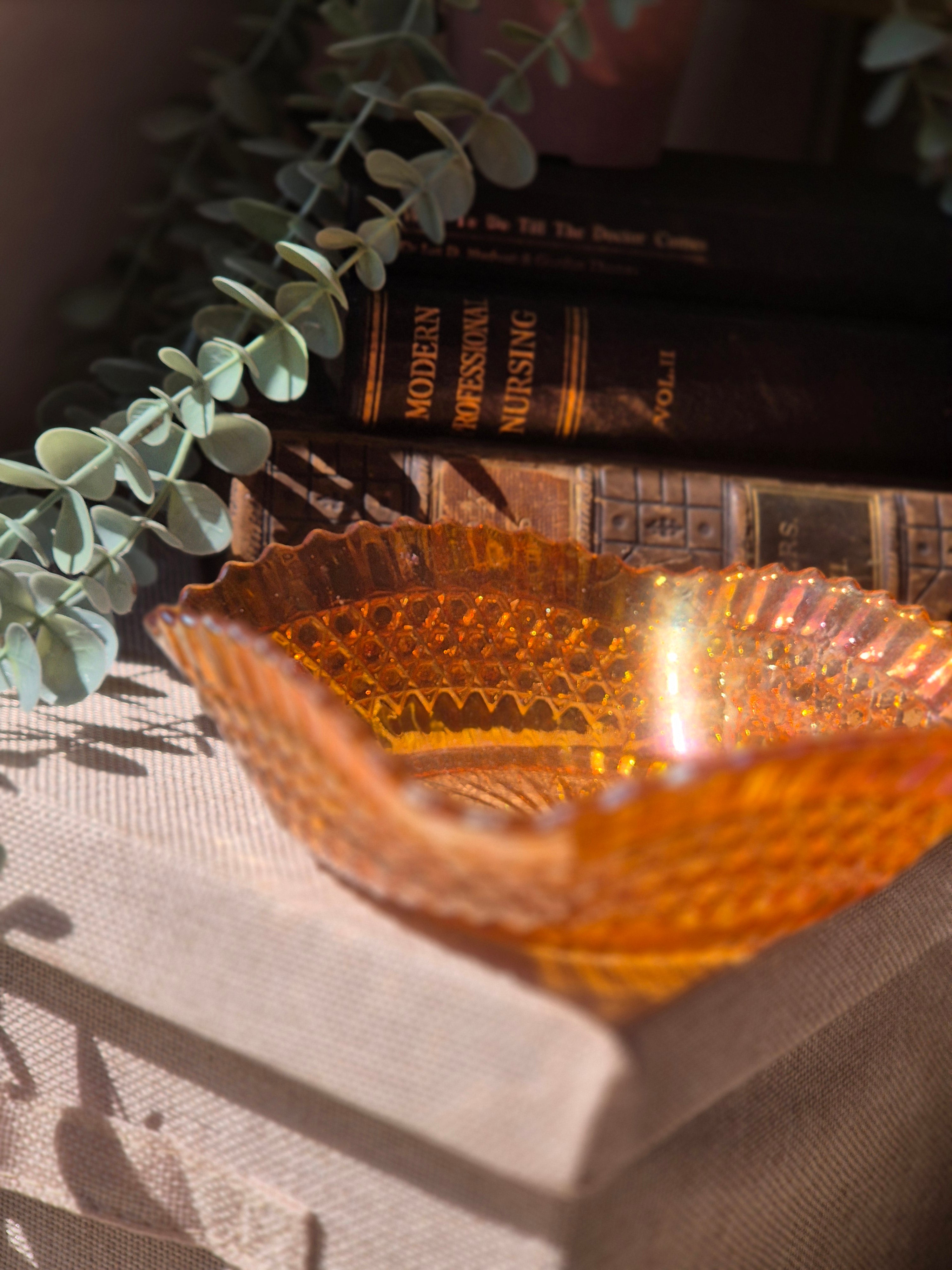 Vintage Irridescent Amber Glass Trinket Bowl | Retro Cottagecore Décor