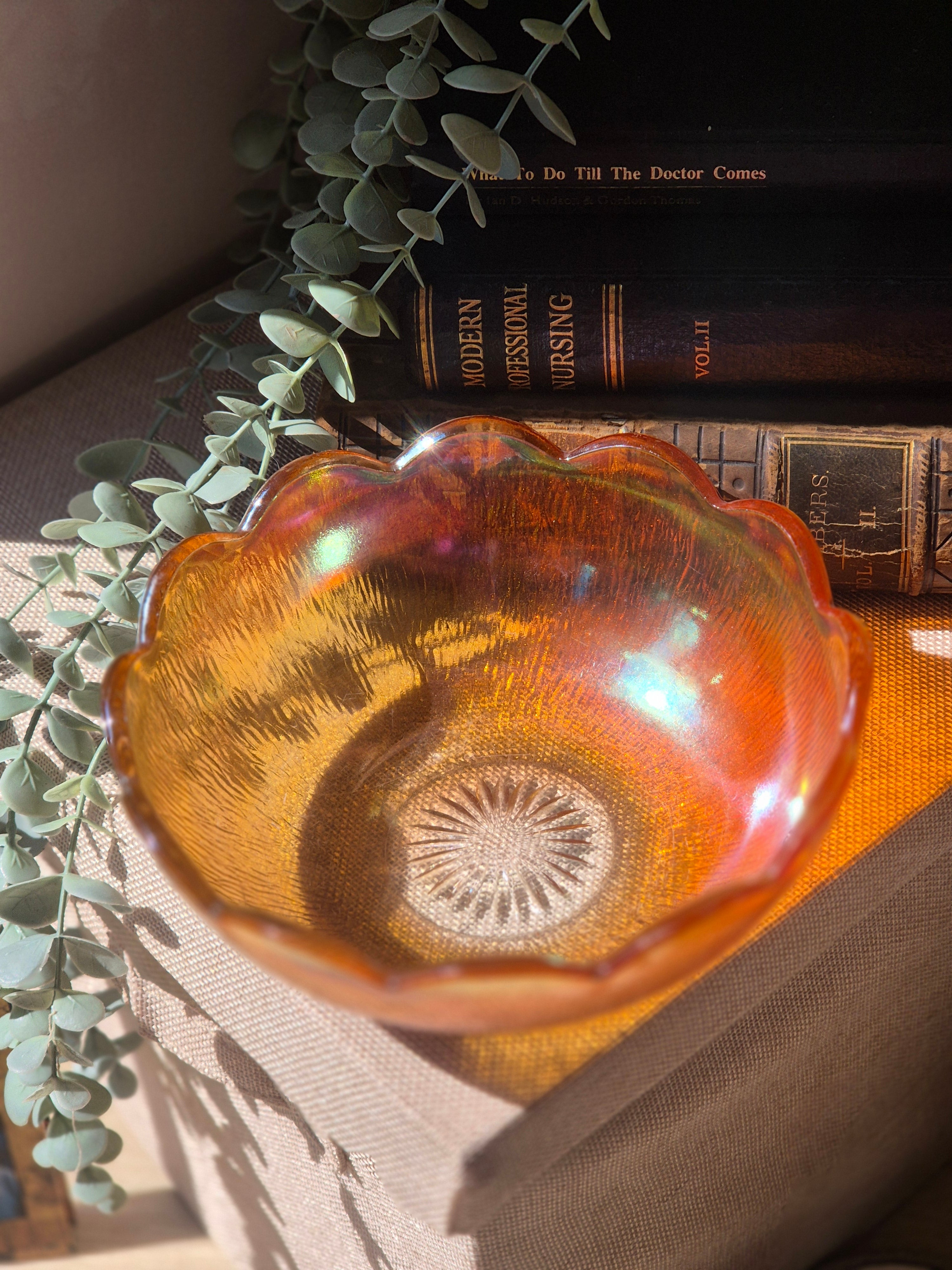 Vintage Iridescent Amber Glass Bowl | Carnival Glass Trinket Dish